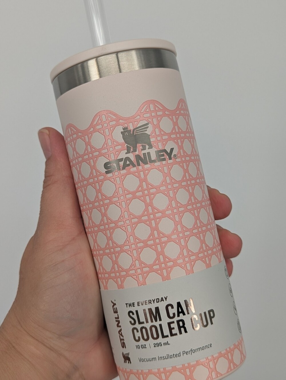 New Stanley The Everyday Slim Can Cooler Cup & lid Rose Quartz Rattan 10 oz 2026